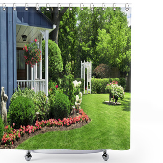 Personality  Landscaped Front Yard Of A House With Flowers And Green Lawn Shower Curtains