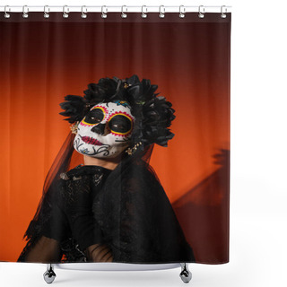 Personality  Woman In Santa Muerte Halloween Costume Looking At Camera On Red Background  Shower Curtains