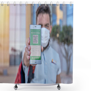 Personality  Man Holding Smartphone Displaying On App Mobile Valid Digital Green Vaccination Certificate For Covid-19. Immunity Vaccine E-passport, Vaccination Certificate, Health Passport For New Normal Travel Shower Curtains