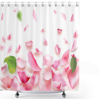 Personality  Roses Flowers And Falling Pink Petals For Spa Or Wedding Day, Mother's Day, Valentine's Day, Women's Day, Anniversary, Romance, Love, Decoration, Mockup Pastel Bokeh Lights Background Top View. Beautiful Floral Blurred Fly Petals, Copy Space For Text Shower Curtains