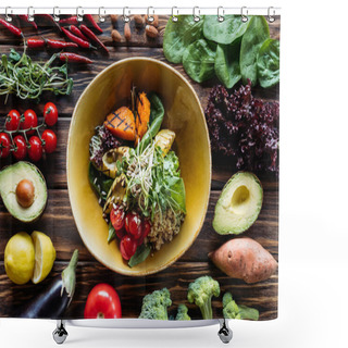 Personality  Flat Lay With Vegetarian Salad With Grilled Vegetables, Sprouts, Cherry Tomatoes In Bowl And Arranged Fresh Ingredients Around On Wooden Tabletop Shower Curtains