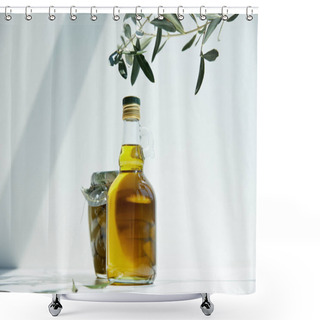 Personality  Bottle Of Aromatic Olive Oil, Branches And Jar With Green Olives On White Table Shower Curtains