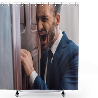 Personality  Selective Focus Of Angry Collector Shouting And Knocking On Door Shower Curtains