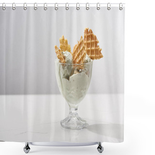 Personality  Delicious Pistachio Ice Cream With Waffles Isolated On Grey Shower Curtains