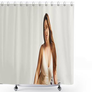 Personality  Brunette Plus Size Woman With Natural Makeup And Long Brunette Hair Wearing Beige Bodysuit And Looking At Camera, Body Positive, Figure Type, Caucasian, Banner  Shower Curtains