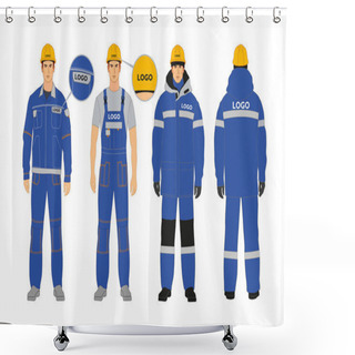 Personality  Workwear Branding. Blanks For Corporate Identity. Workwear Options. Blue And Gray Colors. Man In Winter Jacket And Overalls Shower Curtains