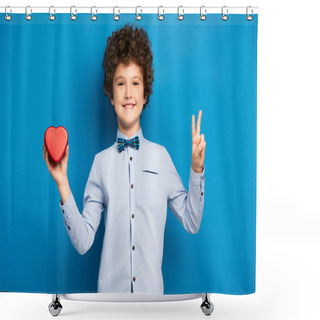 Personality  Pleased Boy Holding Red Heart Shape Box And Showing Peace Sign On Blue Shower Curtains