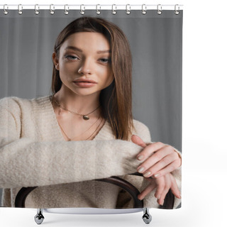 Personality  Young Woman In Warm Sweater And Golden Necklaces Looking At Camera Isolated On Grey Shower Curtains