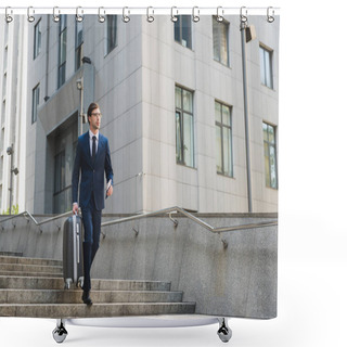 Personality  Businessman In Stylish Suit With Luggage And Flight Tickets Going Down Stairs In Business District Shower Curtains