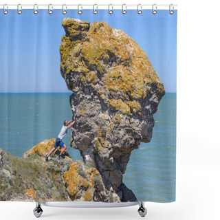Personality  Man Pushing A Large Rock Into The Abyss Shower Curtains