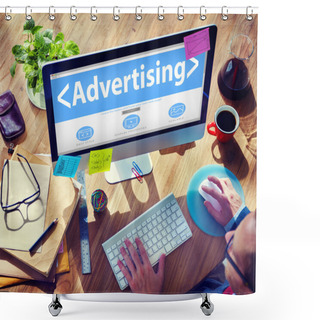 Personality  Man Using Computer With Online Advertising Shower Curtains