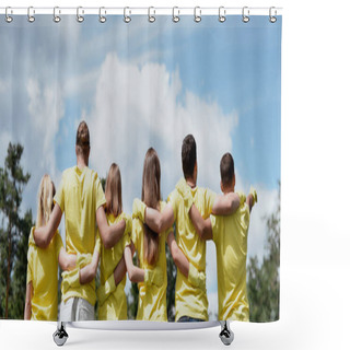 Personality  Love Your Nature. Group Of Young Volunteers Wearing Uniform And Rubber Gloves Hugging And Looking At Green Forest In Front Of Them, Rear View Shower Curtains