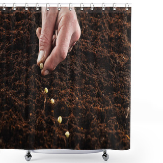 Personality  Working In The Garden, Seeding A Plant. Soil Top View. Shower Curtains