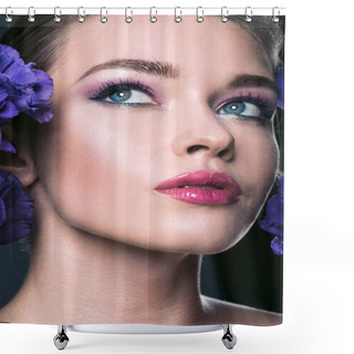 Personality  Close-up Portrait Of Beautiful Young Woman With Fashionable Makeup And Eustoma Flowers Shower Curtains