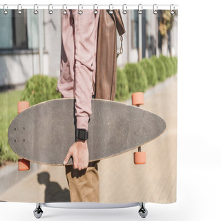 Personality  Partial View Of Man With Backpack Holding Longboard On Street Shower Curtains