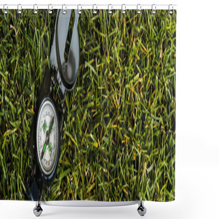 Personality  Panoramic Shot Of Retro Compass On Green Grass  Shower Curtains