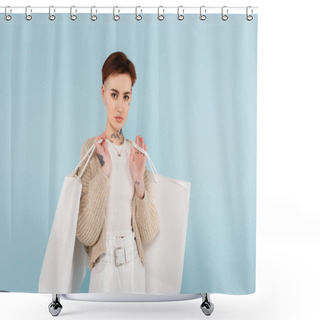 Personality  Young Woman With Tattoos And Red Hair Holding Shopping Bags Isolated On Blue Shower Curtains