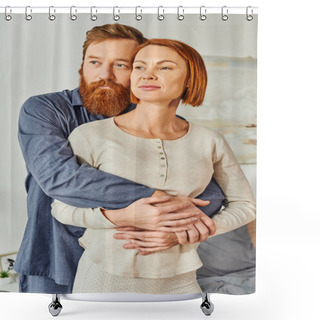 Personality  Married Couple Hugging In Cozy Bedroom, Day Off Without Kids, Redhead Husband And Wife, Enjoying Time Together, Weekends Together, Tattooed, Bonding, Love, Parents Alone At Home Shower Curtains