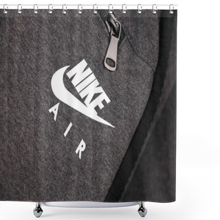 Personality  KHARKOV, UKRAINE - DECEMBER 20, 2020: Nike Air Logo On Grey Sportwear Fragment. Nike Is American Multinational Corporation Engaged In Manufacturing And Worldwide Marketing Of Clothes And Footwear Shower Curtains