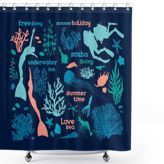 Personality  Set Of Underwater Creatures And Divers. Shower Curtains