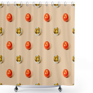 Personality  Olives In Bowls With Tomatoes On Beige Background, Seamless Pattern Shower Curtains