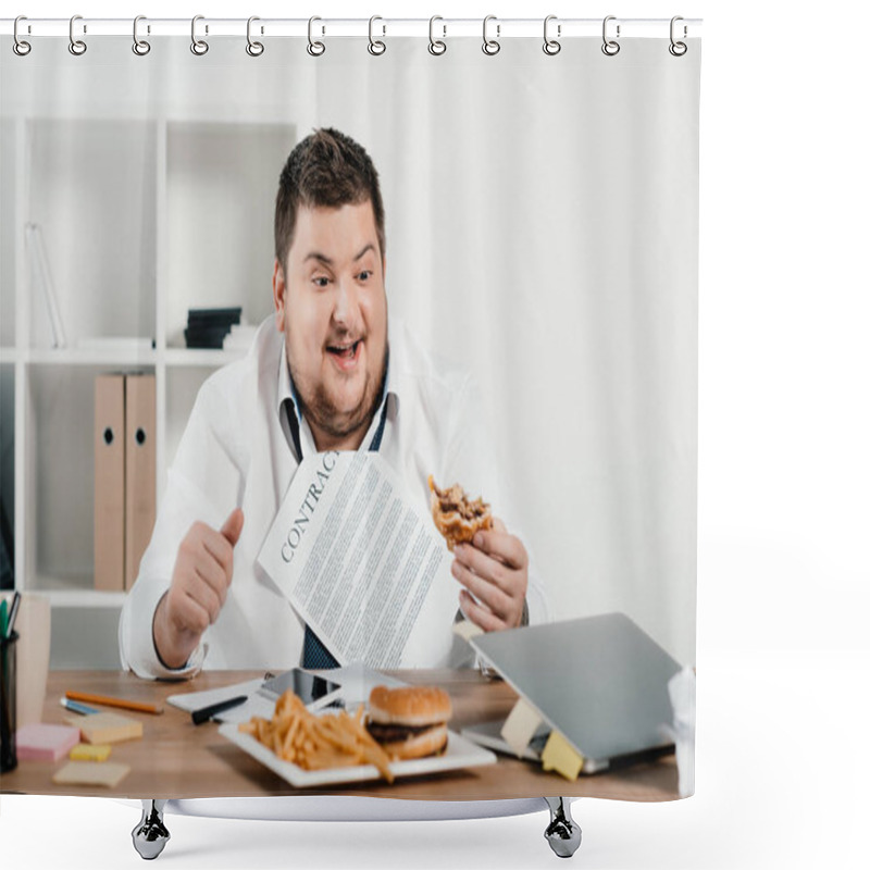 Personality  Fat Businessman Eating Hamburgers And French Fries In Office Shower Curtains