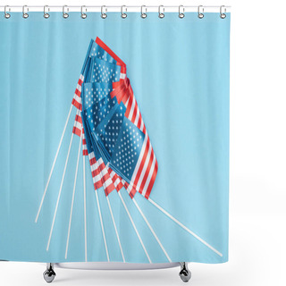 Personality  Top View Of Shiny American Flags On Sticks On Blue Background Shower Curtains