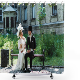 Personality  Cheerful Victorian Woman Holding Fan While Sitting With Young Man On Bench  Shower Curtains