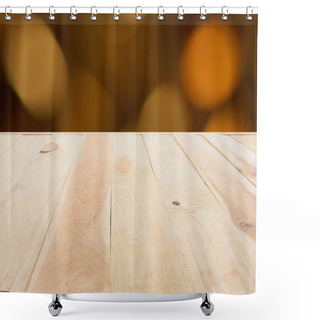 Personality  Template Of Beige Wooden Floor Made Of Planks On Blurred Orange Background Shower Curtains