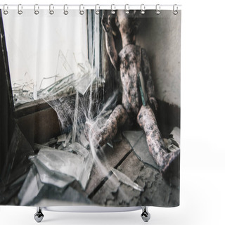 Personality  Selective Focus Of Cobweb Near Scary And Burnt Baby Doll, Post Apocalyptic Concept Shower Curtains