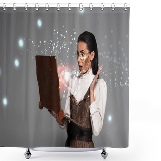 Personality  Shocked Steampunk Woman In Glasses Using Vintage Laptop With Glowing Illustration Isolated On Grey Shower Curtains