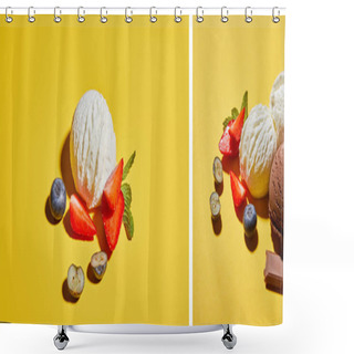 Personality  Collage Of Fresh Tasty Ice Cream Ball With Mint Leaves And Berries On Yellow Background Shower Curtains