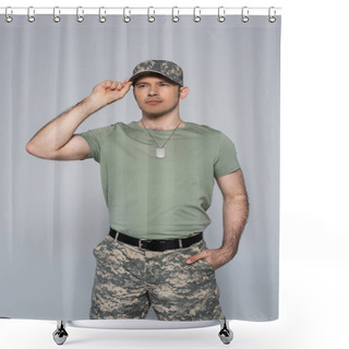 Personality  Patriotic Soldier In T-shirt Adjusting Military Cap During Memorial Day Isolated On Grey  Shower Curtains