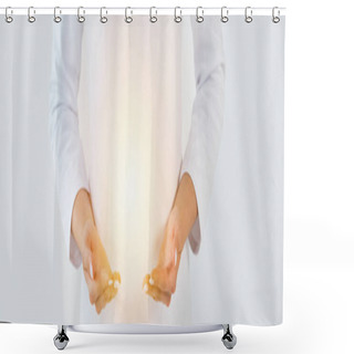 Personality  Panoramic Shot Of Healer Standing And Gesturing Near Light Isolated On White  Shower Curtains