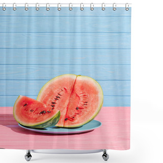 Personality  Close Up View Of Cut Juicy Watermelon On Plate On Pink Tabletop On Blue Backdrop Shower Curtains