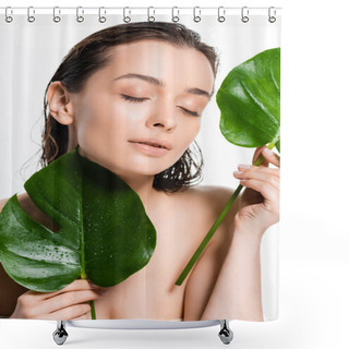 Personality  Wet Naked Young Woman With Closed Eyes Holding Green Palm Leaves With Water Drops Isolated On White Shower Curtains