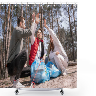 Personality  Cheerful Volunteers Giving High Five Near Trash Bags In Forest  Shower Curtains
