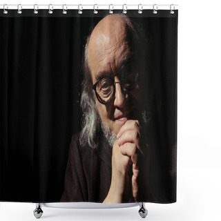 Personality  Smiling Philosopher In Eyeglasses And With Clenched Hands Looking At Camera Isolated On Black Shower Curtains