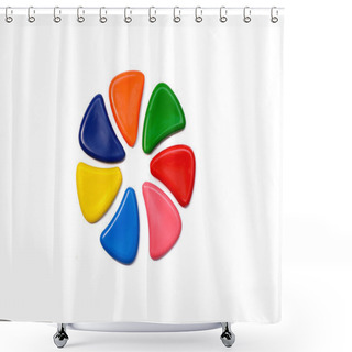 Personality  Bunch Of Different  Multicolored Wax Pencils Forming Circle On White Shower Curtains