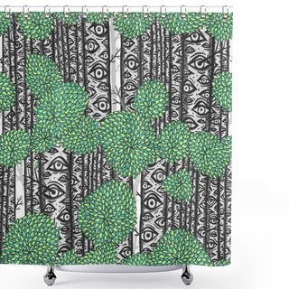 Personality  Birch Trees With Eyes Seamless Pattern. Psychedelic Trippy Style Vector Ink Hand Drawn Illustration For Wrapping, Fabric, Wallpaper Design Shower Curtains