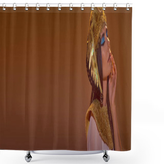 Personality  Brunette Woman With Bold Makeup Wearing Egyptian Headdress While Posing Isolated On Brown, Banner Shower Curtains