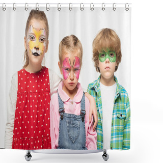 Personality  Displeased Friends With Colorful Face Paintings Looking At Camera Isolated On White Shower Curtains