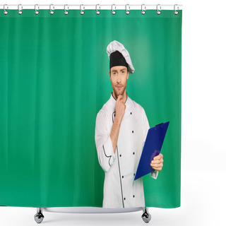Personality  Handsome Male Chef In White Uniform Holding A Clipboard On Green Backdrop. Shower Curtains