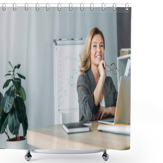 Personality  Pensive Smiling Businesswoman Holding Glasses And Looking Away In Office Shower Curtains