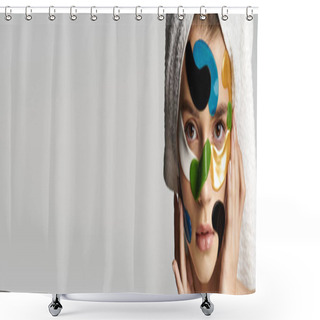 Personality  Refined Woman With A Towel Wrapped Around Her Head And Eye Patches. Shower Curtains