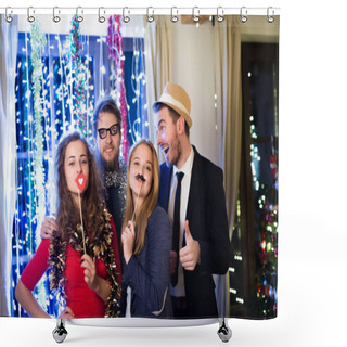 Personality  Hipster Friends Celebrating New Years Eve Together, Photobooth P Shower Curtains