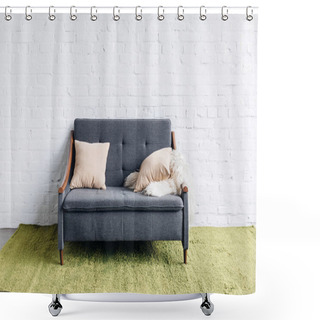 Personality  Comfy Couch In Modern Living Room With White Brick Wall, Mockup Concept Shower Curtains