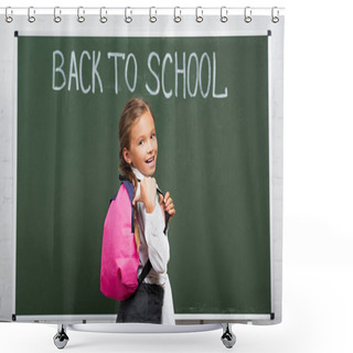 Personality  Cheerful Schoolgirl Pointing With Thumb At Backpack Near Chalkboard With Back To School Lettering Shower Curtains