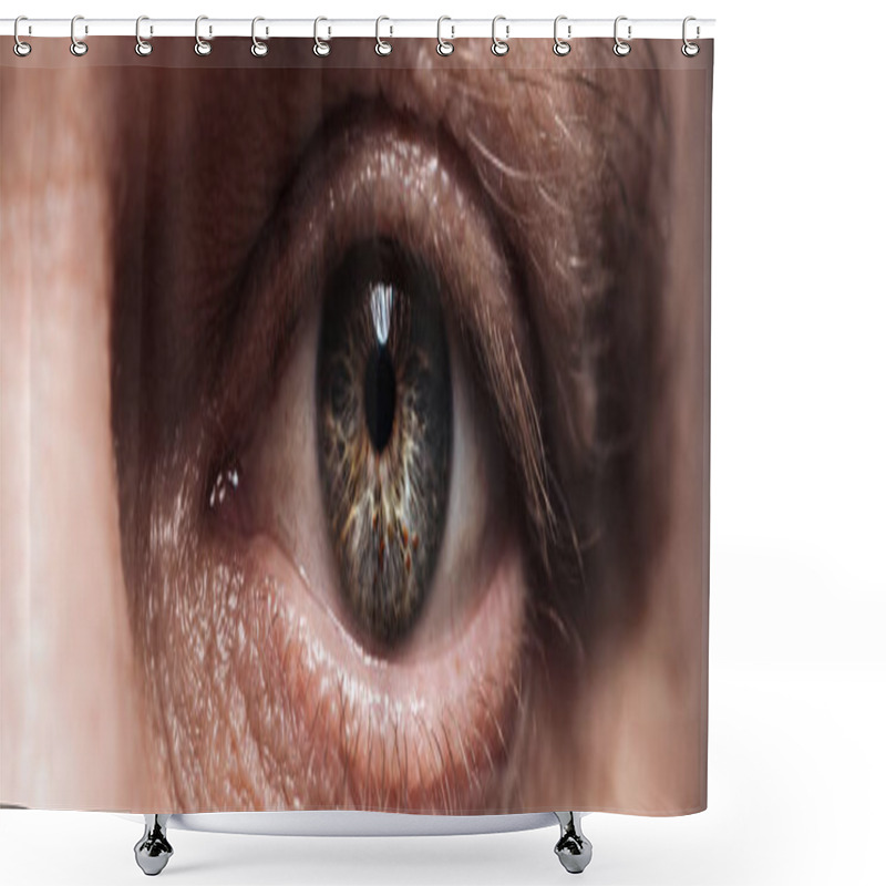 Personality  close up view of mature human eye looking at camera, panoramic shot shower curtains