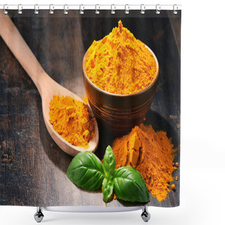 Personality  Composition With Bowl Of Turmeric Powder On Wooden Table Shower Curtains